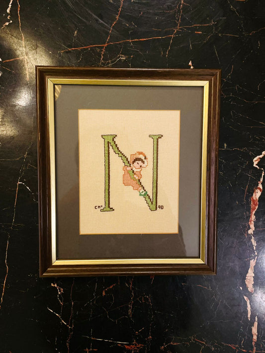 Framed Letter N Cross Stitch Nursery Wall Art