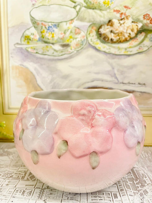 Vintage Pink Embossed Ceramic Planter with Floral Texture