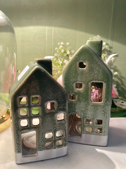 Green Ceramic House Lantern Set – 2 Pieces
