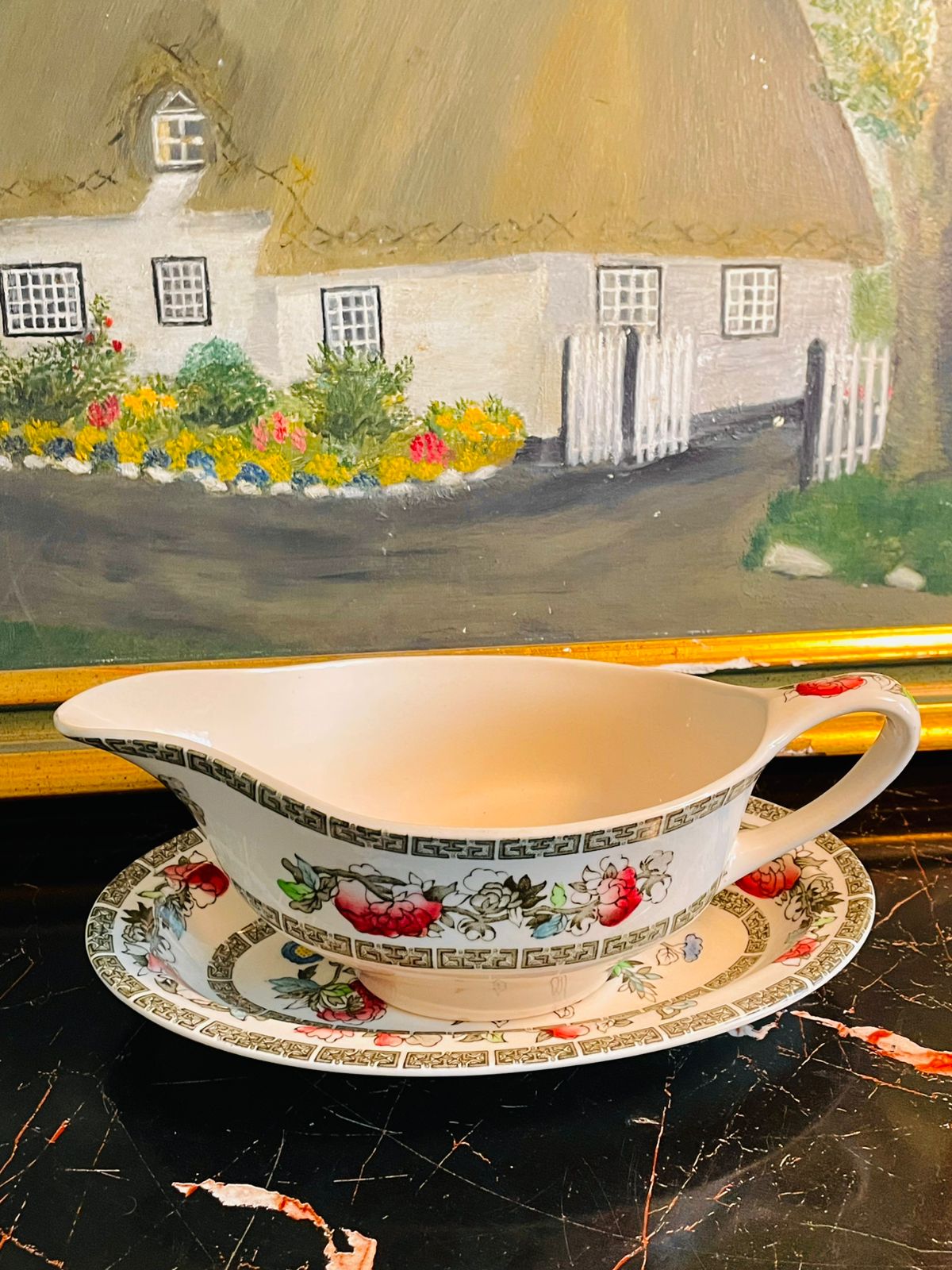 johnson bros indian tree, vintage gravy boat, english tableware, floral china, made in england crockery, collectible serveware, cottagecore kitchen decor, matching underplate set, vintage dining accessories, earthenware serveware