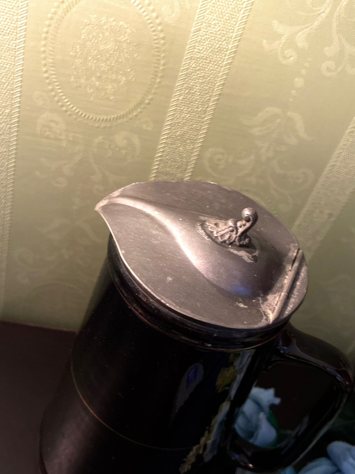 Vintage Black Ceramic Coffee Pot Swan Lid Farmhouse Server