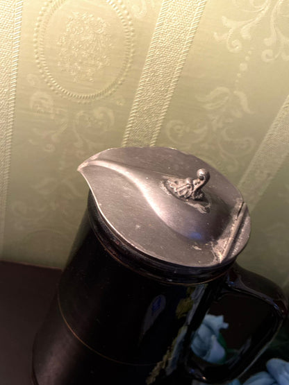 Vintage Black Ceramic Coffee Pot Swan Lid Farmhouse Server