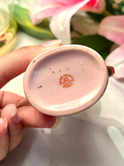 Vintage Japanese Pink Porcelain Mug with Raised Cherub Design & Gold Trim Approx. 8 cm