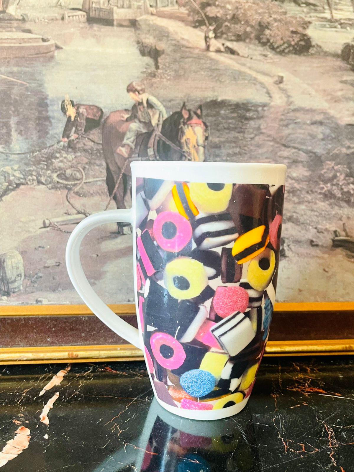 charlotte rose mug, liquorice allsorts mug, candy print mug, colorful ceramic mug, tall coffee mug, retro british mug, charlotte rose england, sweet design mug, vintage kitchen decor, unique mugs pakistan, gift mugs for her, aesthetic mugs