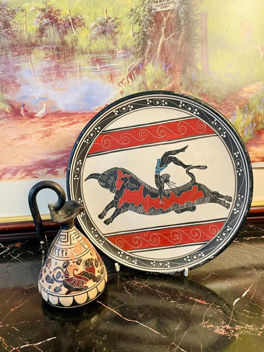 greek pottery, greek decor, bull leaping plate, minoan crete art, greek mythology decor, greek pitcher, mediterranean home decor, greek souvenir, vintage greek plate, greek collectible pottery, classical greek vase, hand painted greek pottery, mythological art decor