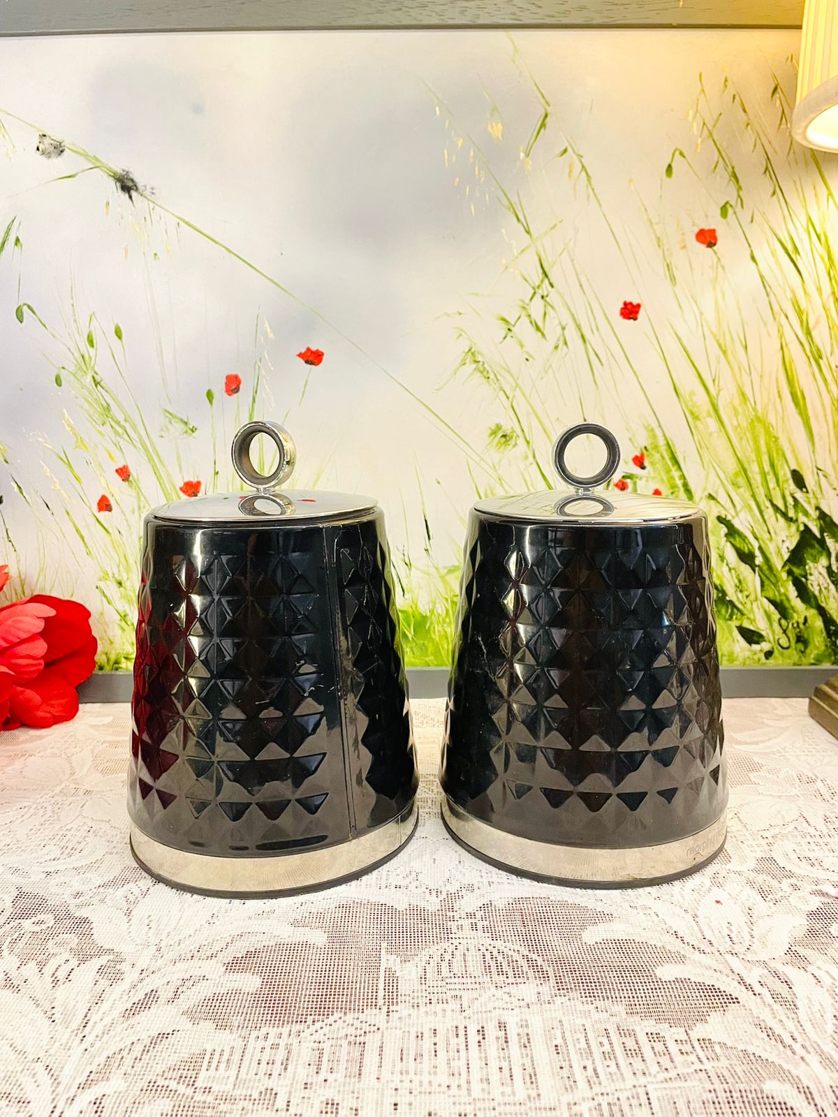 Vintage Black Ceramic Canister Set with Silver Lids