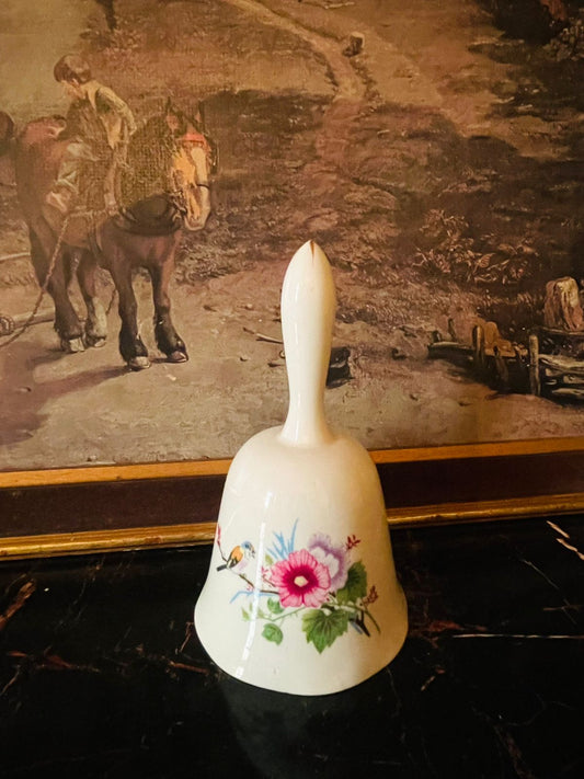 Vintage English Porcelain Table Bell – Pink Hibiscus Floral with Songbird Design