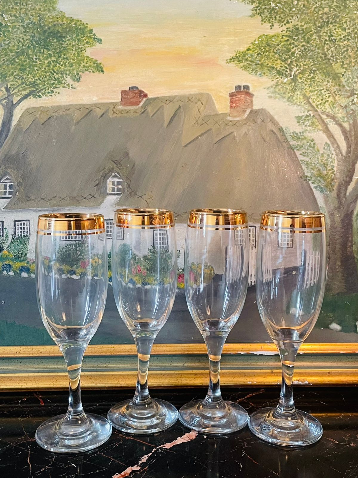 goldrimflutes, vintageglassware, champagneset, elegantvintage, vintagetabledecor, sunsetvintage, cottagecoretable, europeanvintage, timelessdecor, victorianstyledecor, highendthriftfinds, weddingtabledecor, vintagehomedecor