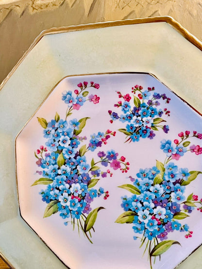 Staffordshire Fine Bone China Octagonal Plate – Blue Forget-Me-Not Floral Design, Made in England