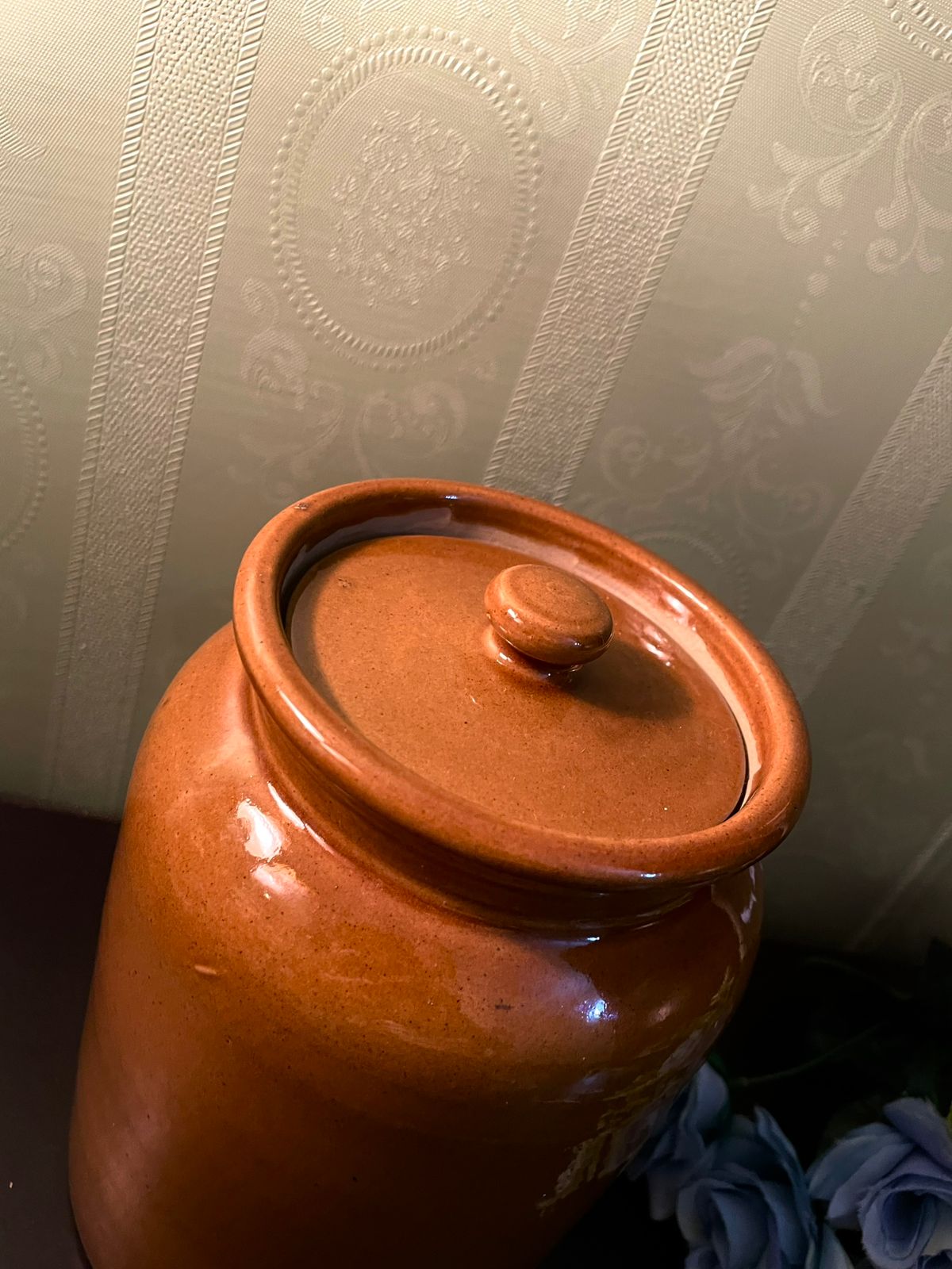 Vintage Brown Glazed Stoneware Storage Jar with Lid 8 Inch