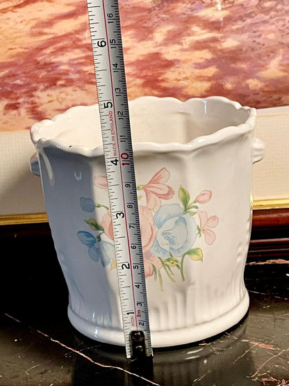 Vintage England Floral Ceramic Planter – White Glazed Pot with Pastel Flowers