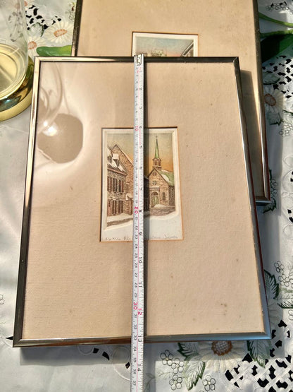 Vintage European Street & Church Framed Artwork painting – 2 Pcs, 13 Inches