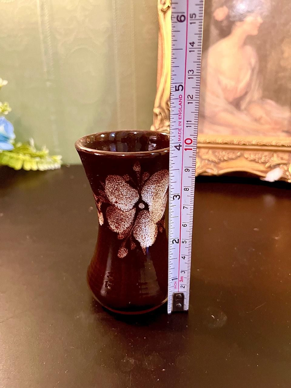 Vintage Brown Floral Ceramic Mini Vase 5 Inch