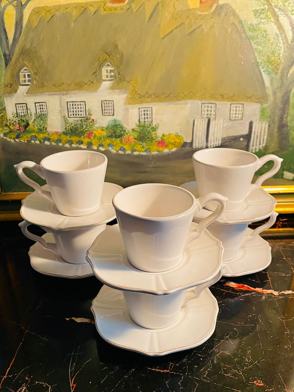 White Scalloped Coffee Cups & Saucers Set – English Tea Set – 6 Pieces