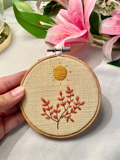 Hand Embroidered Sun & Botanical Hoop Wall Decor – 4 Inch