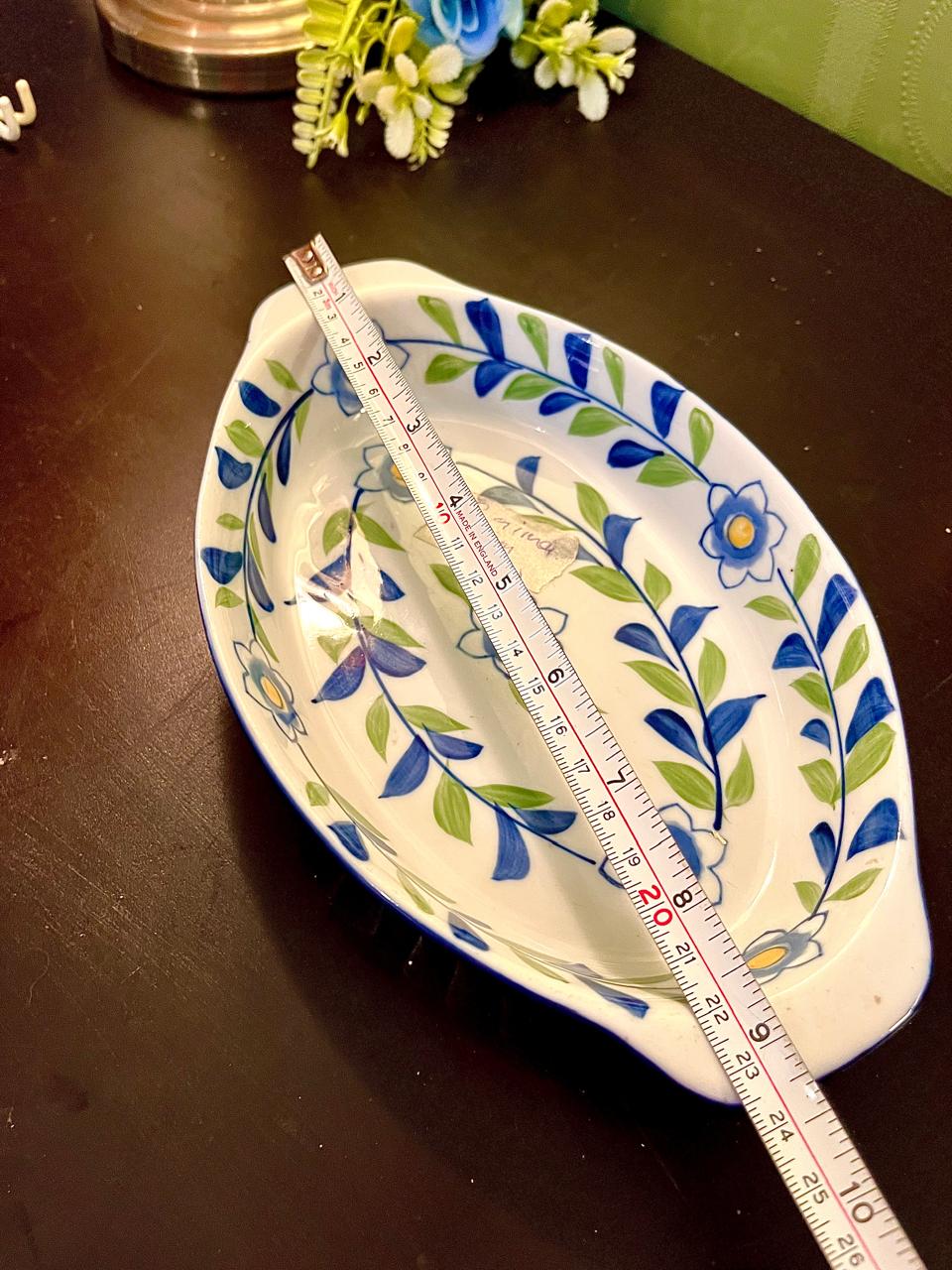 Blue & Green Floral Ceramic Serving Dish – Oval Appetizer Bowl