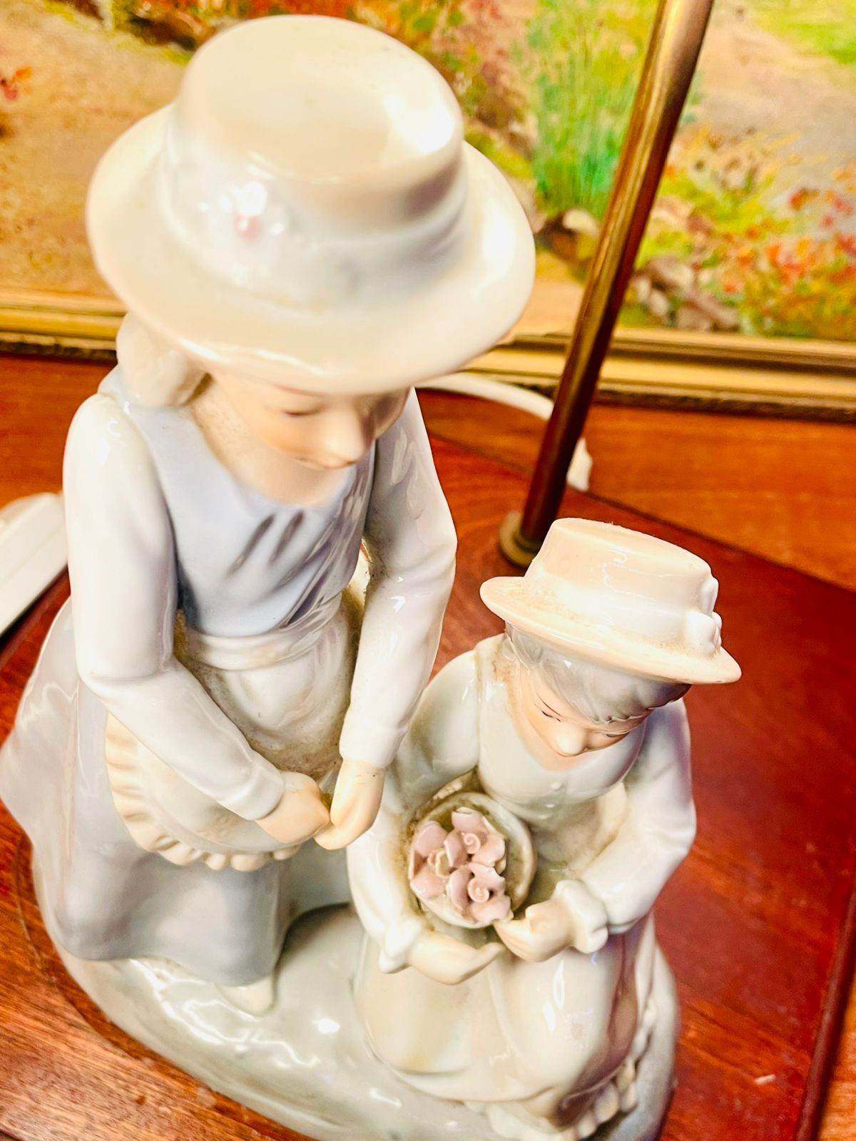 Antique Porcelain Dolls Figurine Lamp with Wooden Base – Early 1900s Style