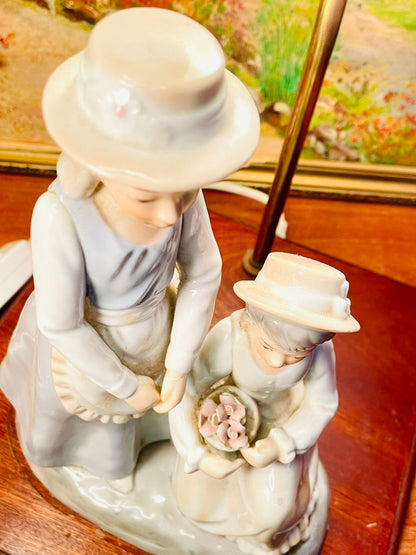 Antique Porcelain Dolls Figurine Lamp with Wooden Base – Early 1900s Style