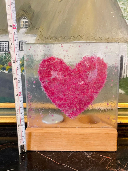 Handcrafted Glass Heart Light Block – Pink Fused Art on Wooden Base