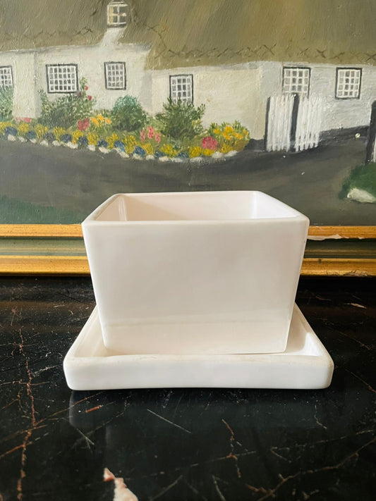 Square White Ceramic Planter with Tray – Minimalist Indoor Plant Pot | Made in England