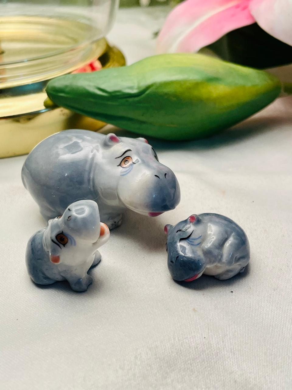 Vintage Ceramic Hippo Family Figurines – Set of 3, Grey Glazed Miniatures