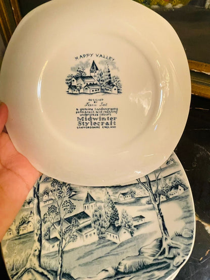 Set of 6 Scarce Vintage Midwinter Fashion Style 'Happy Valley' Blue & White Ironstone Quarter Plates