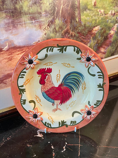 Hand-Painted Rooster Decorative Plate with Floral Border – Wall Hanging (Stand Included)