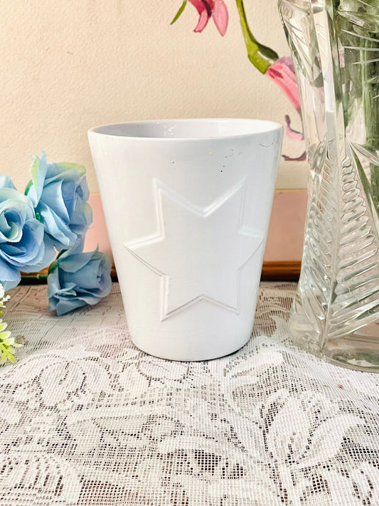 Vintage White Star Embossed Ceramic Planter Pot
