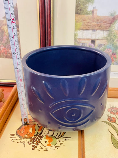 Navy Blue Ceramic Planter Pot with Embossed Eye Motif – Medium Size