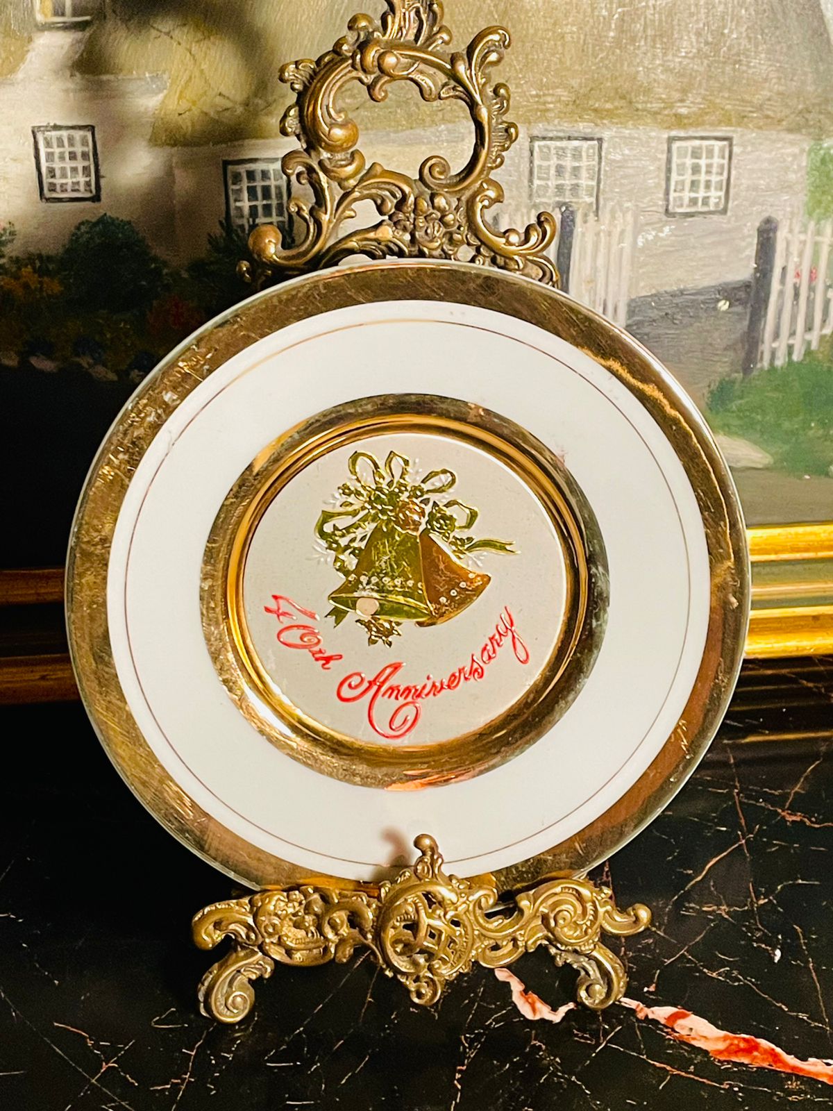 Chokin Art, 40th Anniversary Plate, Wedding Anniversary Gift, 24K Gold Edged Plate, Made in Japan, Decorative Plate, Collector Plate, Bell Design Plate, Vintage Home Decor, Keepsake Gift, Porcelain Display Plate, Anniversary Decor