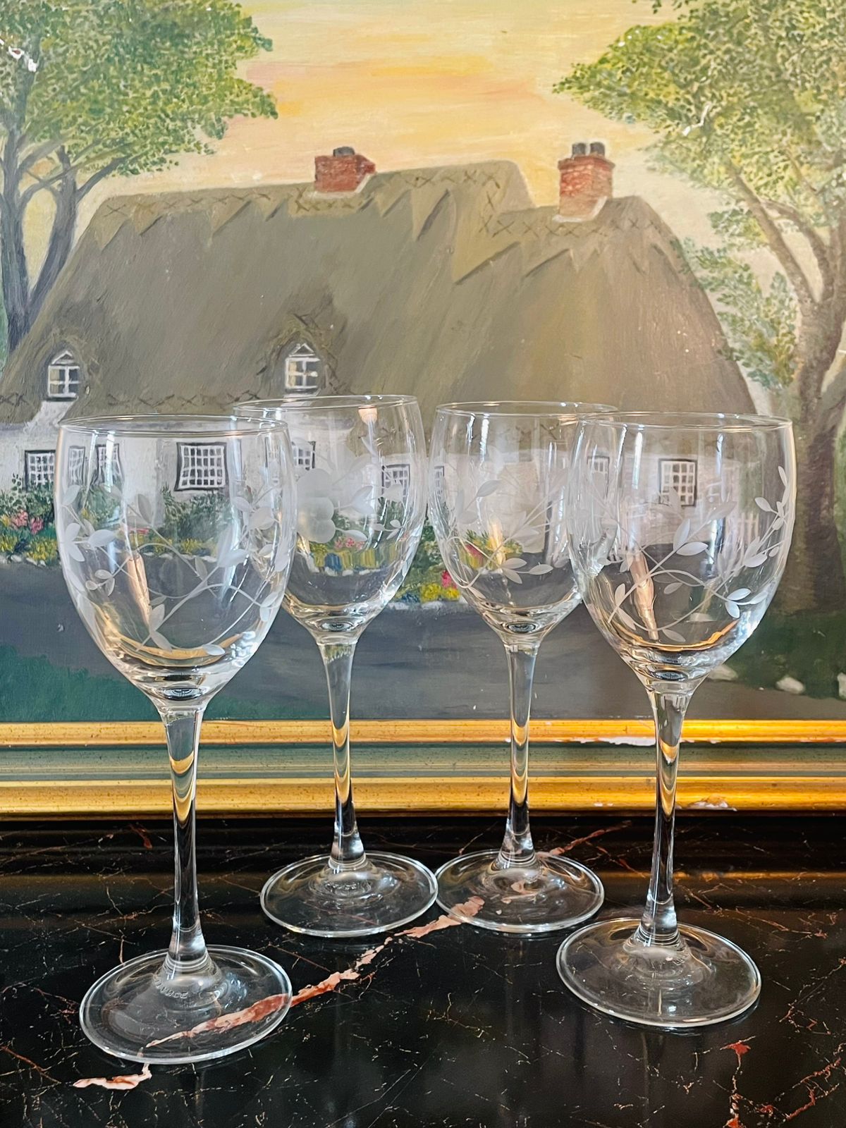 vintagewineglasses, etchedglass, frostedfloral, cottagecoretable, elegantvintage, glasswarecollection, sunsetvintage, englishvintage, timelessdecor, tabledecor, vintagedining, victorianstyledecor, highendthriftfinds, vintagehomedecor