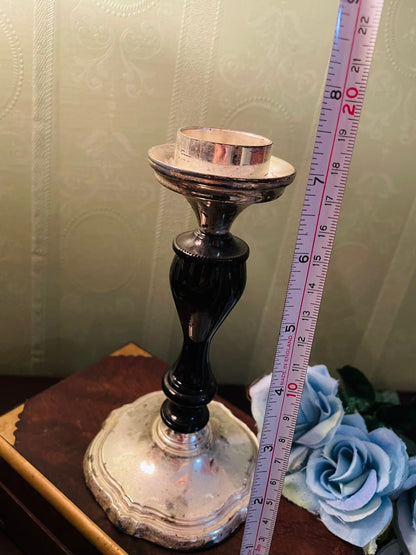 Vintage Silver Plate & Black Stem Candlestick Holder 7.5 Inch