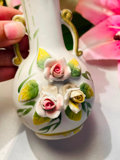 White Raised Rose Decorative Vase Gold-Tone Handles Approx. 14 cm