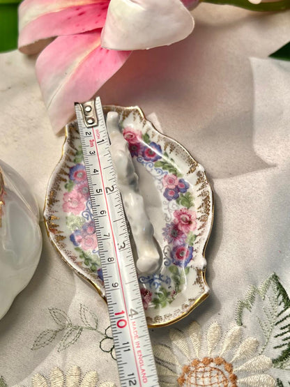 Floral Gold Trim Vanity Trinket Set 2 Pieces