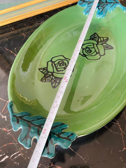 Handcrafted Green Ceramic Platter with Floral and Leaf Motif – Mid-Century Modern Style Serving Dish