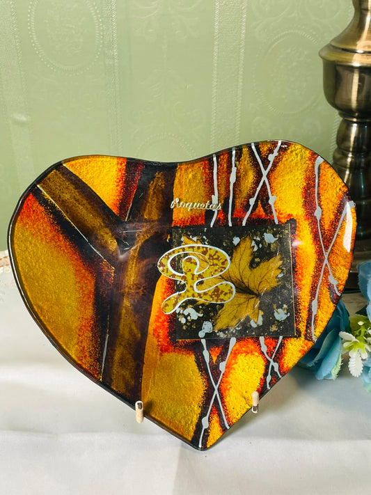 Vintage Amber Leaf Heart Crystal  Plate 17 cm