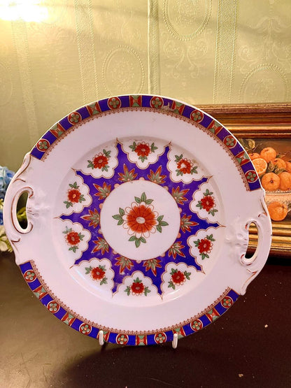 Vintage Floral Porcelain Serving Platter  with Handles – 9 Inch
