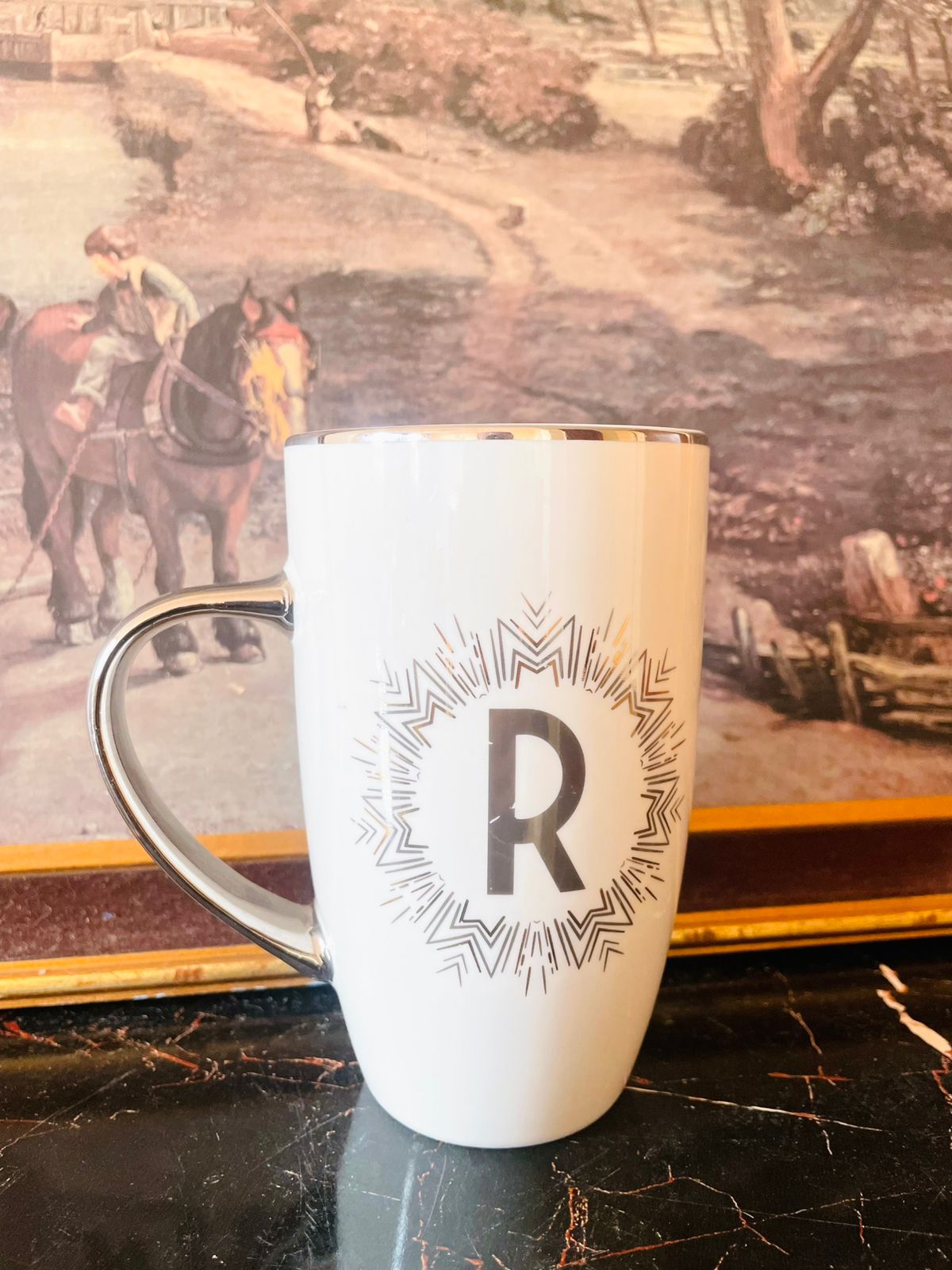 mimo letter mug, mimo home collection mug, diamond deco mug, silver letter mug, initial r mug, metallic mug, personalized mugs pakistan, monogram mug, elegant ceramic mug, silver handle mug, luxury tea mug, sunset kitchen mugs, mimo mug england
