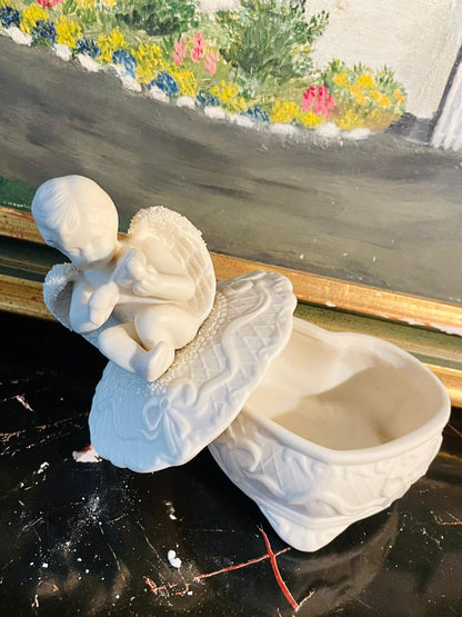 Ceramic Heart-Shaped Trinket Box with Angel Figurine – Decorative Jewelry Storage
