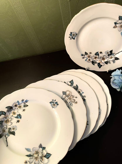 Vintage Blue Floral Fine China Side Plates Set of 6 – 7 Inch