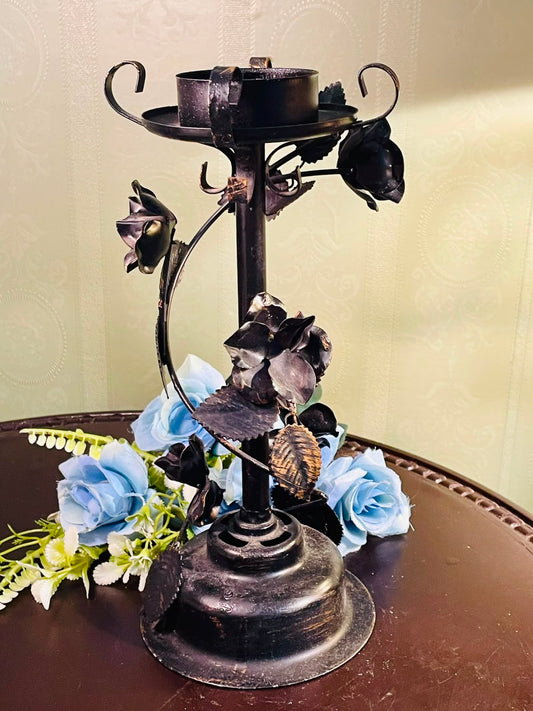 Vintage Floral Metal Pillar Candle Holder – Decorative Rose Candle Stand (10 Inch)