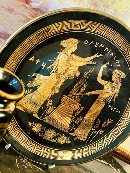 Rare find - 24kt Gold Greece Black & Gold Set of Decorative Plate & Vases – Handcrafted Mythological Design - Set of 3 - Home Decor