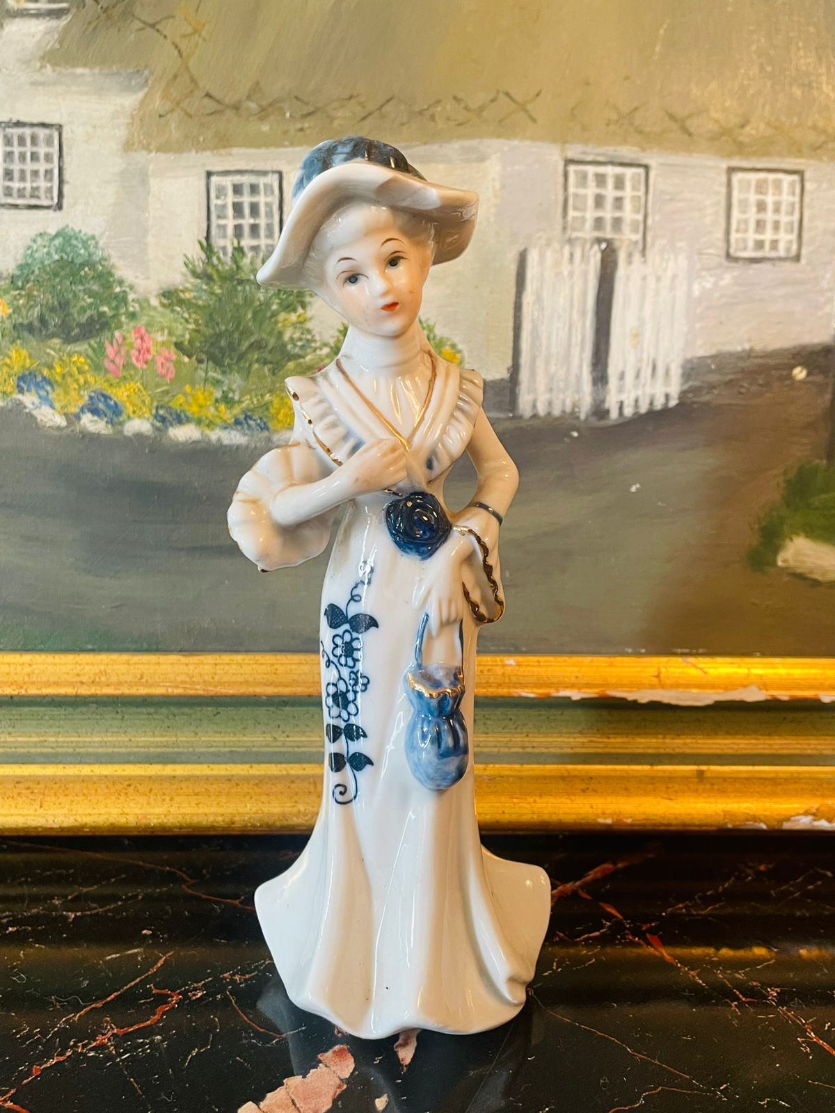 vintage porcelain figurine, blue white ceramic lady, english regency figurine, victorian collectible, cottagecore decor, mantel figurine, vintagehomedecor, timelessenglishdecor, porcelainlady, sunsetvintage, heritagecollection, ceramicartpiece