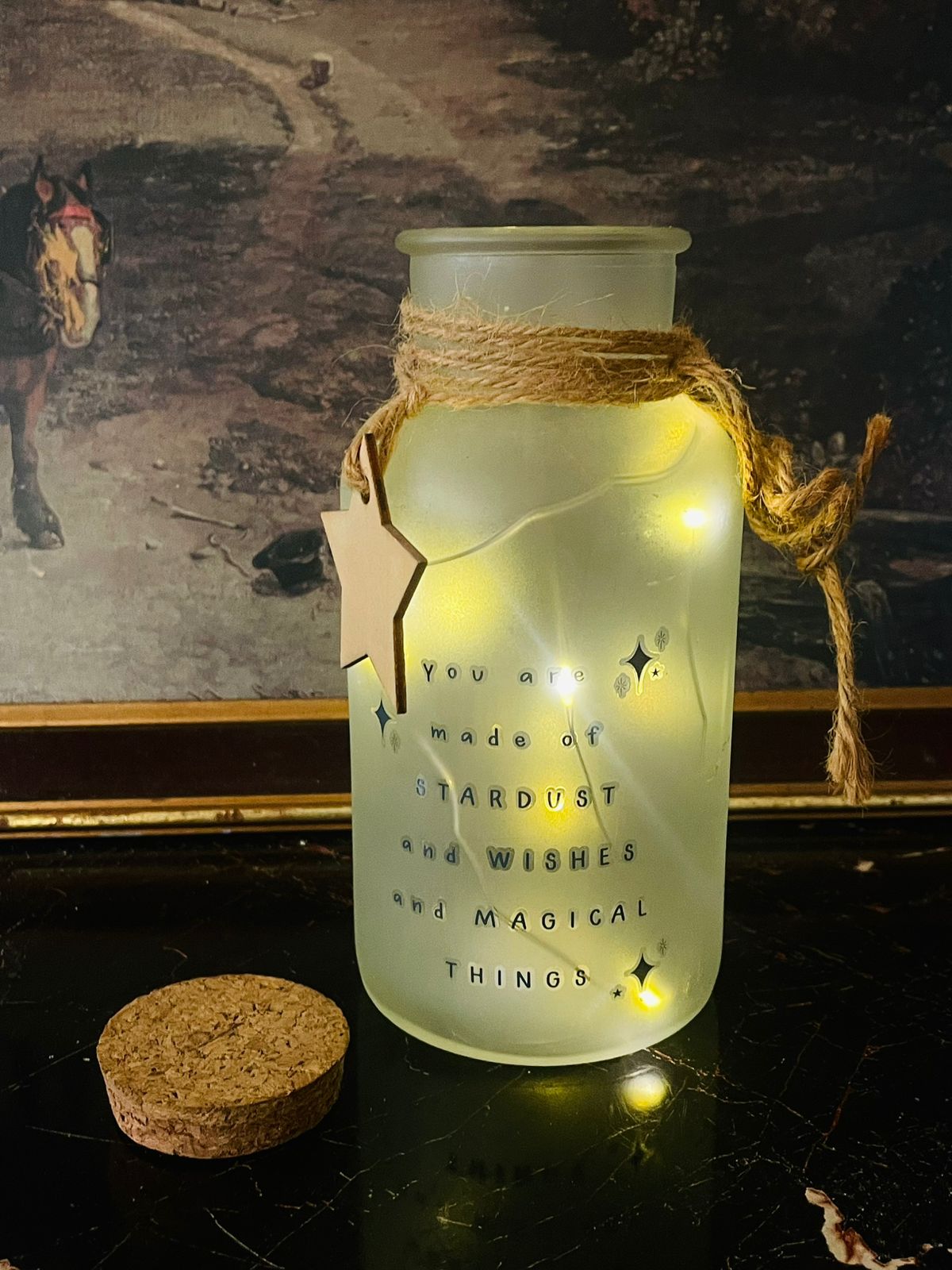 “Made of Stardust” Frosted Glass LED Bottle Light – Magical Decor Jar