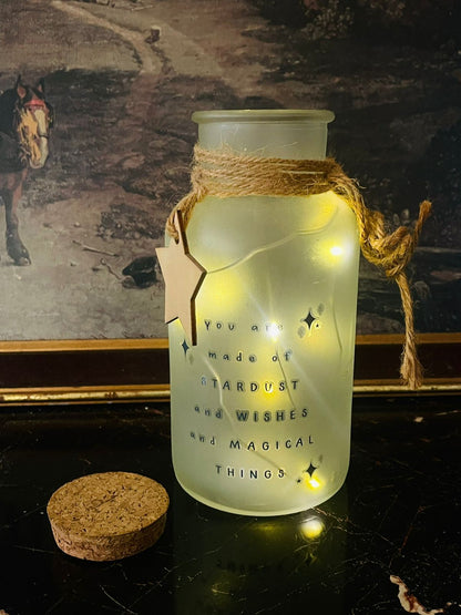 “Made of Stardust” Frosted Glass LED Bottle Light – Magical Decor Jar