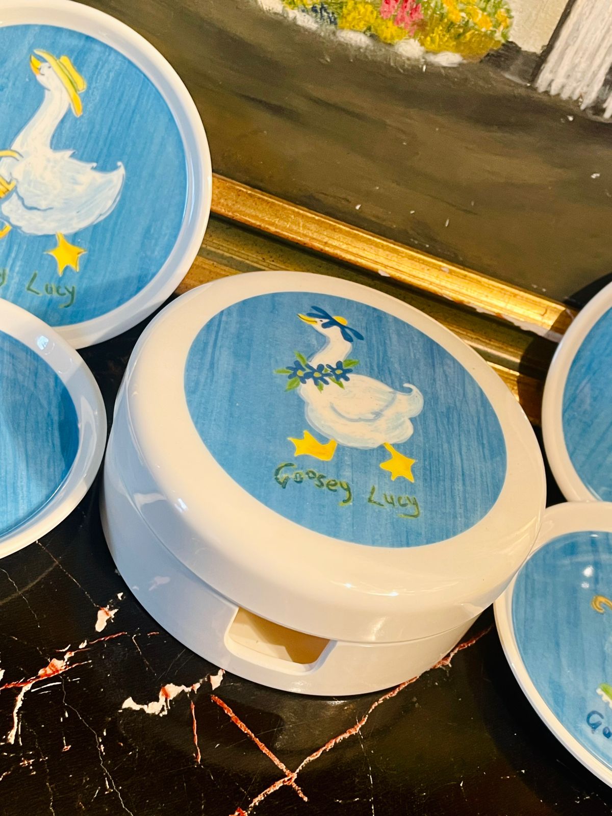 Wilscombe Somerset England “Goosey Lucy” Vintage Coasters Set with Holder