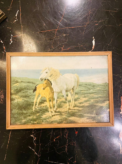 Framed Horse Painting Mother and Foal Countryside Scene 11 inch