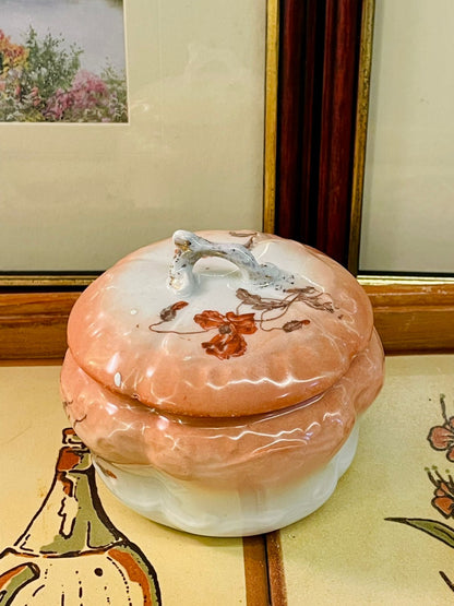 Vintage Peach Ceramic Trinket Box with Floral Lid