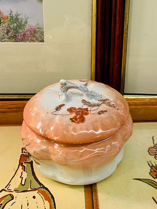Vintage Peach Ceramic Trinket Box with Floral Lid