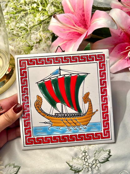 Vintage Hand Painted Greek Ship Ceramic Wall Plaque – 6 Inch